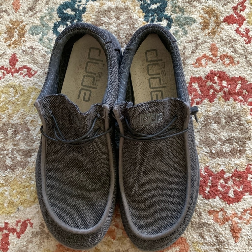Mens 14 black charcoal & tweed gray Hey Dude slip ons shoes